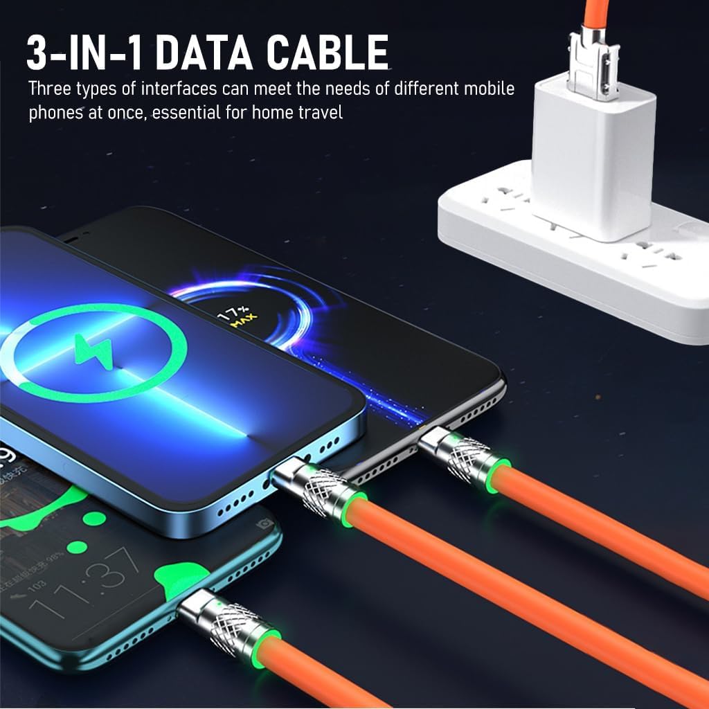 Flex: 120W 3-in-1 Liquid Silicone Tangle-Free Fast Charging Cable with Type-C, Micro-USB & Lightning Connectors