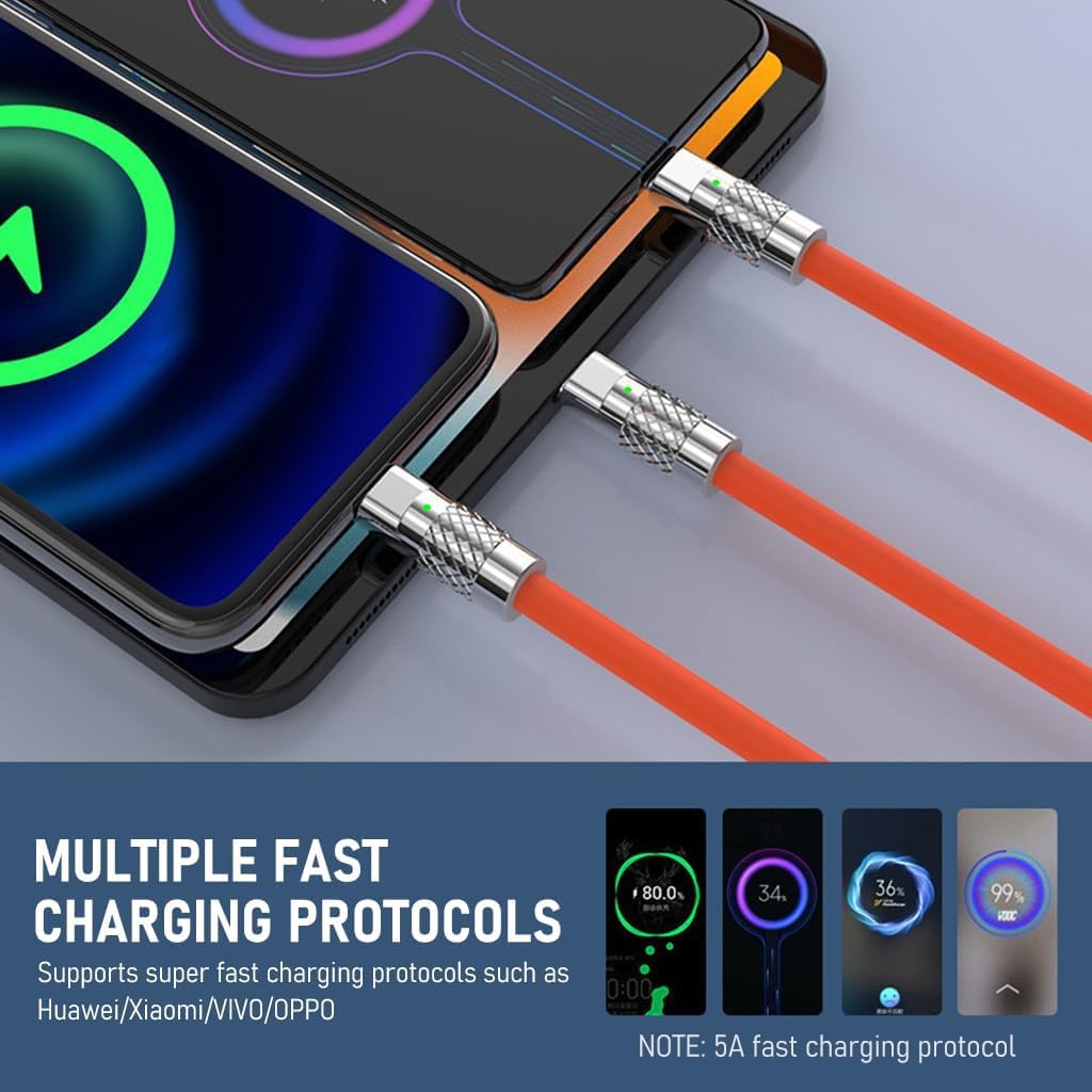 Flex: 120W 3-in-1 Liquid Silicone Tangle-Free Fast Charging Cable with Type-C, Micro-USB & Lightning Connectors