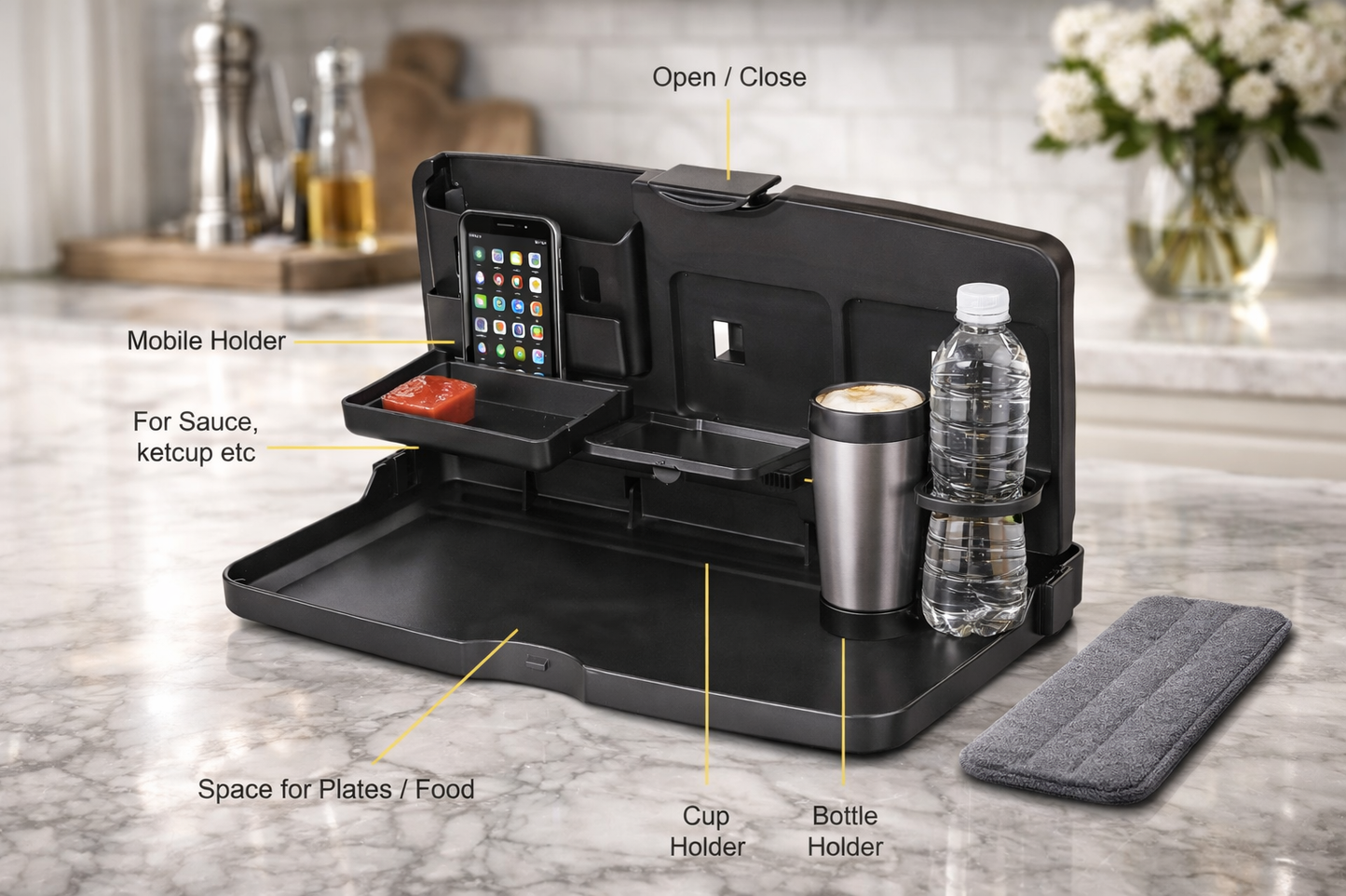 Car Backseat Food Travel Dining Meal & Snack Tray & Cup Holder for All Cars (Black) - 1 Piece